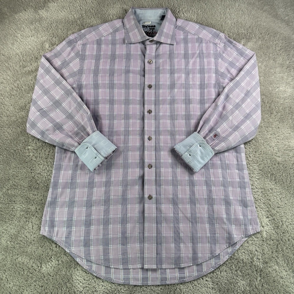 Robert Graham Dress Shirt Mens Large Purple Plaid Flip Cuff Cotton Button Up
